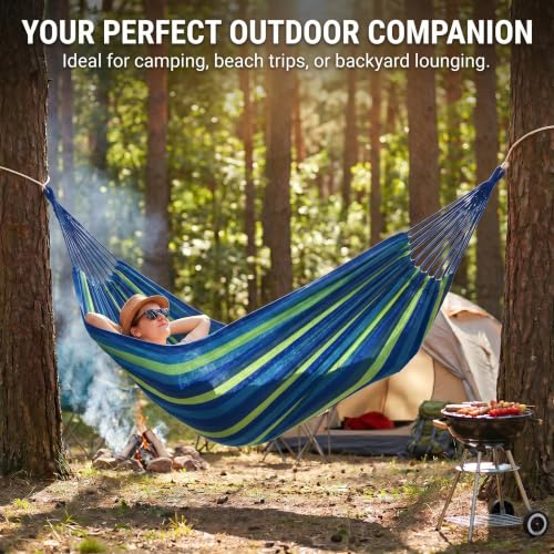 Canvas Hammock 122" Long X 59" Wide 2 Person Hammock 440 pounds Maximum Weight Applicable Scenes in Courtyard Autumn, Indoor Hanging Chairs, Beach Leisure (Blue Green, Full) - color: Blue Green