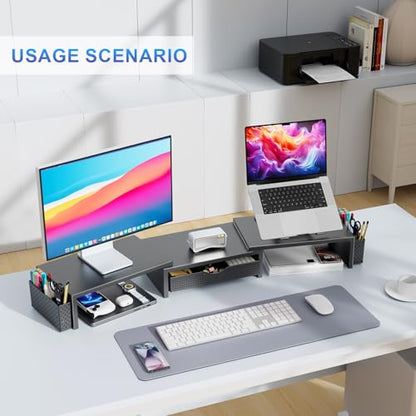gianotter Dual Monitor Stand Riser With Drawer and 2 Pen Holders - color: Black
