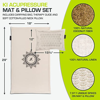 ProsourceFit Ki Acupressure Mat and Pillow Set with 100% Natural Linen for Back/Neck Pain Relief and Muscle Relaxation - color: Sand Dunes