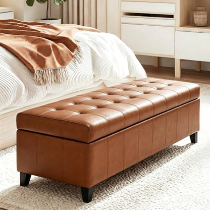 Joveco 51 Inch Storage Bench,Leather Tufted Storage Ottoman with Legs - color: 51", Dark Orange