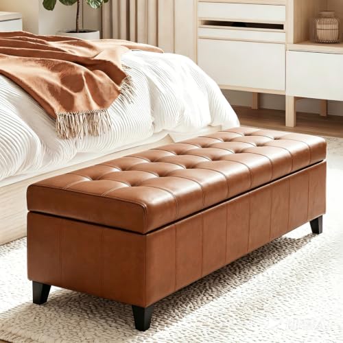 Joveco 51 Inch Storage Bench,Leather Tufted Storage Ottoman with Legs - color: 51", Dark Orange