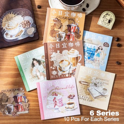 Coffee Aesthetic PET Stickers, 60 Pcs Large Collage Ephemera for Scrapbooking, Journaling, DIY Crafting, and Art Supplies - color: Today Coffee