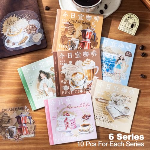 Coffee Aesthetic PET Stickers, 60 Pcs Large Collage Ephemera for Scrapbooking, Journaling, DIY Crafting, and Art Supplies - color: Today Coffee