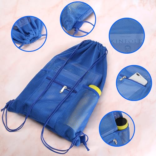 NATURAL STYLE Mesh Drawstring Backpack Bag, Gym Sports Bag with Zipper Pocket Bottle Holder, String Beach Bag for Swiming Travel (Blue) - color: Blue