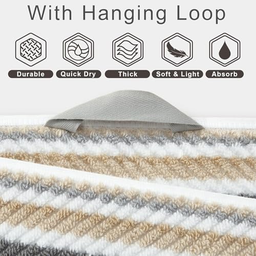 VOOVA & MOVAS Striped Towels 6 Pack, 100% Cotton, Gray Beige - color: Beige + Gray Striped, size: 6 PCS Bathroom Towels