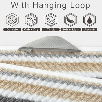 VOOVA & MOVAS Striped Towels 6 Pack, 100% Cotton, Gray Beige - color: Beige + Gray Striped, size: 6 PCS Bathroom Towels