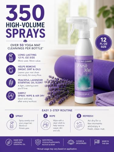 Fresh Mat Yoga Mat Cleaner Spray - Natural Deodorizing Cleaner for Yoga Mats & Fitness Equipment - No-Rinse, Residue-Free Formula with Witch Hazel & Essential Oil, Peaceful Lavender (12 fl oz). - size: 12 Fl Oz (Pack of 1)