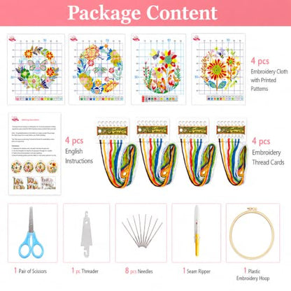 Zhenqing Bee & Flower Garden Cross Stitch Kit for Beginners - 4 Pre-Printed Designs with Hoop, Threads & Complete Tools(68059) - color: Bee Four-Piece Set