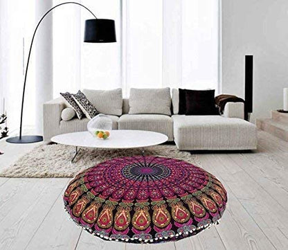 CRAFT KALA 32" Large Round Bohemian Floor Pillow Cover Boho Pouf Cover Mandala Meditation Room Pillows Cover Adults Seating Poufs Cushion Cover for Kids Reading Playroom Pink Yellow Mirchi - color: Pink Yellow Mirchi