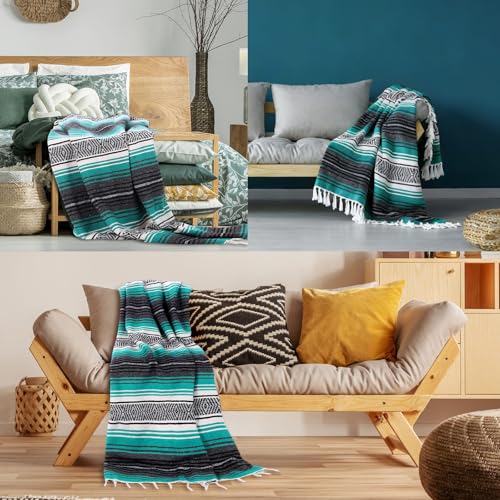Oudain Mexican Blanket Woven Authentic Falsa Throw 45 x 70 Inch – Authentic Baja Serape Saddle Blanket Outdoor for Restorative Yoga, Beach, Picnic, Couch, Car Travel(Turquoise) - color: Turquoise