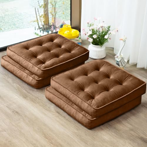 1 MIDDLE ONE Floor Pillow Set of 4, Memory Foam Meditation Cushion, Floor Cushions for Adults Sitting, Large Square Seat Cushions for Yoga, Living Room, 20x20 Inch (Brown) - color: Brown, size: 20x20 Inch(Pack of 4)