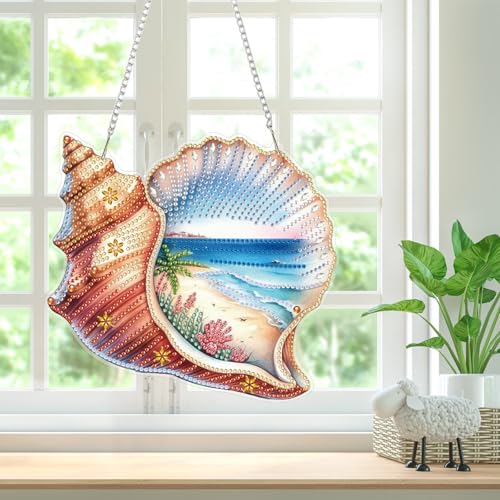 Summer Diamond Art Hanging Kits for Adults, Diamond Art Suncatchers Conch Shell, 5D Special Shape Diamond Painting Beach Pendant Window Ornament Gifts for Home Wall Door Garden Decor - color: Conch Shell, Beach, Summer，ocean