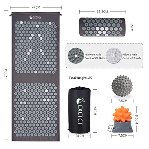 Extra Long Yoga Acupressure Mat Set,Massage Acupuncture Mat Large,Magnetic Mat Acupressure Body mat and Pillow for Neck Back Pain Relief(Grey) - color: Grey