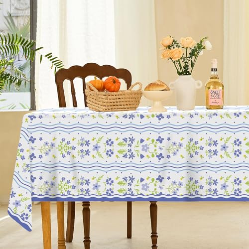 1Pc Blue Flowers Party Plastic Tablecloth 54 x 87 Inch Long Table Cover, Fresh Wildflowers Party Tablecover for Floral Theme Kids Baby Shower Birthday Dinner Picnic Kitchen Event - color: Blue Flowers