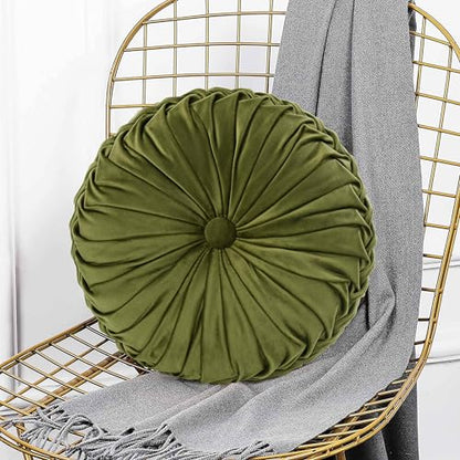 HIG Set of 2 Olive Velvet Decorative Round Pleated Throw Pillows - color: Olive