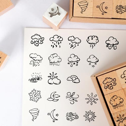 25 pcs Wooden Rubber Stamp Set, Various Weather Patterns Wood Stamps for Journal, Diary, Scrapbook, Planner, Letter, DIY Craft, Card Making - color: Weather