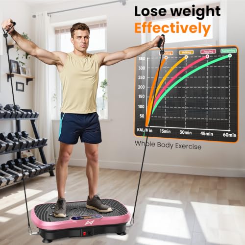 AXV Vibration Plate Fitness Platform Exercise Machine Body Vibrating Board | Curved Design Powerful 200W Bluetooth Oscillating Shake Plate for Lymphatic Drainage Recovery Whole Body Toning With Handles - color: BT.PRO.PINK
