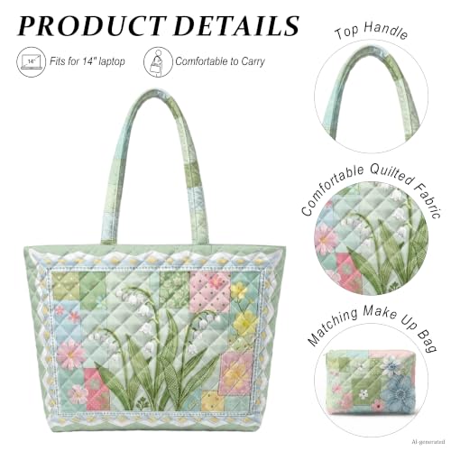 Quilted Tote Bag 2 Pack, Women's Tote Handbags for Work Travel - color: Sage Green Floral