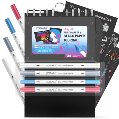 Black Paper Sketchbook Set：5.5" x 8.5" 100GSM Aicd-free 35 Sheets Black Paper Sketchbook & 4 Dual-tip Acrylic Marker Set for Drawing, Sketching, & Journaling