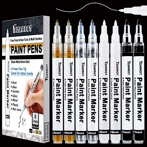 White Paint Pen, 8 Pack 0.7mm Acrylic Paint Pens with 2 White 2 Black 2 Gold 2 Silver Permanent Marker for Wood Rock Fabric Metal Plastic Ceramic Acrylic Markers Extra Fine Tip