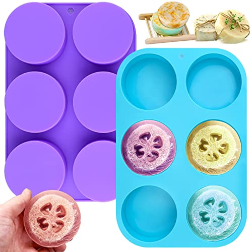 Sakolla 4oz Round Silicone Soap Molds, 3.15'' Cylindrical Soap Molds for Loofah Soap Bath Bombs Steamer Lotion Bars, Set of 2 - color: Round/Purple & Blue
