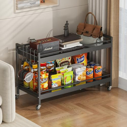 2 Tier Expandable Rolling Cart with wheels, pantry organizers and storage - size: 2 Tier(Black)