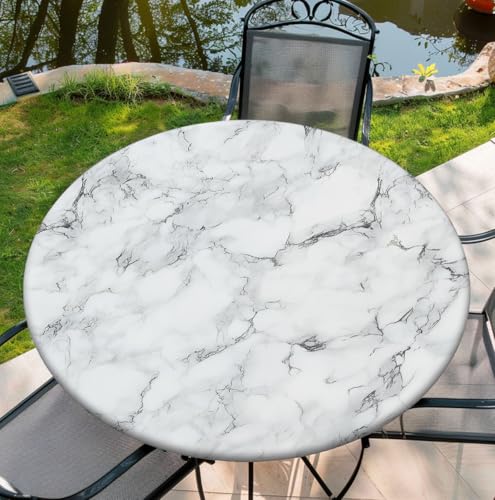 Waterproof Tablecloth with Elastic Tablecloth for Round Tables 36"-70" for Indoor Outdoor Patio Use, 48Inch, White and Gray Marble - color: D-white and Gray Marble, size: 48" (Round)