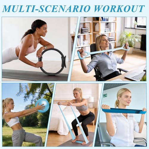 Pilates Ring and Small Ball Set for Women with 5 Resistance Bands, 14 inch Magic Circle Home Workout Essentials Starter Kit for Beginners, Yoga Sets for Full Body Toning Shape