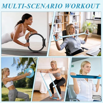 Pilates Ring and Small Ball Set for Women with 5 Resistance Bands, 14 inch Magic Circle Home Workout Essentials Starter Kit for Beginners, Yoga Sets for Full Body Toning Shape