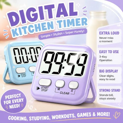 Antonki 2 Pack Digital Timer for Kids Classroom Kitchen Timers for Cooking | w/ Battery, Easy to View, Alarm, Mute Mode, Count Down/Up, Magnetic, Kickstand, Hanging, Classroom Timer for Teacher Supplies - color: 2 * Sky Blue + Lavender Purple
