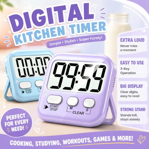 Antonki 2 Pack Digital Timer for Kids Classroom Kitchen Timers for Cooking | w/ Battery, Easy to View, Alarm, Mute Mode, Count Down/Up, Magnetic, Kickstand, Hanging, Classroom Timer for Teacher Supplies - color: 2 * Sky Blue + Lavender Purple