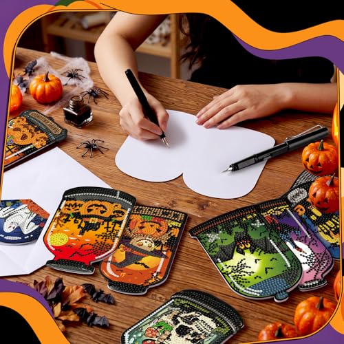 Saillong 12 Pack Halloween Diamond Painting Greeting Card Kits DIY Halloween Diamond Art Cards with Envelopes Bat Black Cat Pumpkin 5D Rhinestones Painting Kit for Adults DIY Craft Family Friend Gifts - color: Gothic Halloween