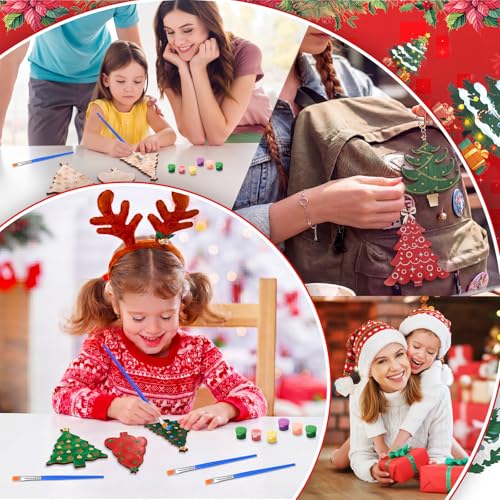 Saypacck 24 Pcs Christmas Tree Party Favors Wooden Paint Craft Kits | Includes Brushes Paints, Christmas Tree Designs, Organza Bags for Goodie Bag Fillers, Christmas Stocking Stuffer Gifts - style: Christmas Tree