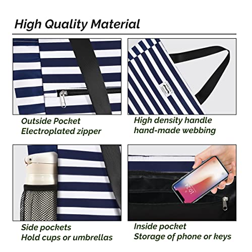 Buringer Large Waterproof Beach Bag for Women Sandproof Tote Bag with Zipper and Pockets Pool Bag for Travel Gym Vacation - color: Blue Stripes
