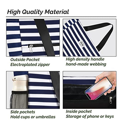 Buringer Large Waterproof Beach Bag for Women Sandproof Tote Bag with Zipper and Pockets Pool Bag for Travel Gym Vacation - color: Blue Stripes