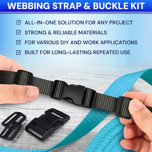 TECEUM 3/4" Nylon Strap Kit with Buckles, Charcoal 6 yards Repair Set | Heavy duty hardware kit: 6yd webbing, 6 quick release buckles, 12 tri-glide slide clips, 6 metal D-rings for crafting. - color: Charcoal, size: 3/4" - 6 yards, style: 6 Buckle - 12 Sl