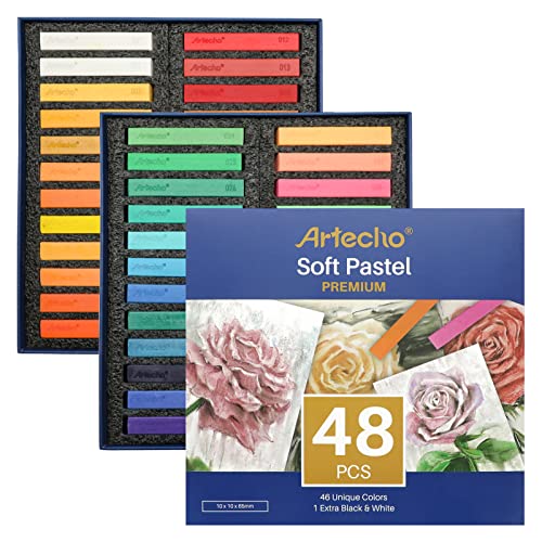 Artecho 48pcs Soft Pastels, 46 Colors | 4 Fluorescent Colors, Extra Free Black & White, Square Chalk, For Drawing, Blending, Layering, Shading - style: 48 colors long