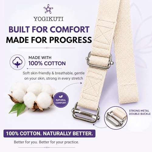 Yogikuti Double Buckle Yoga Strap - Adjustable Stretching Strap for Enhanced Flexibility in Yoga, Pilates, and Physical Therapy, Available in Various Colors and Lengths for All Fitness Levels - color: White