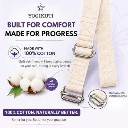 Yogikuti Double Buckle Yoga Strap - Adjustable Stretching Strap for Enhanced Flexibility in Yoga, Pilates, and Physical Therapy, Available in Various Colors and Lengths for All Fitness Levels - color: White