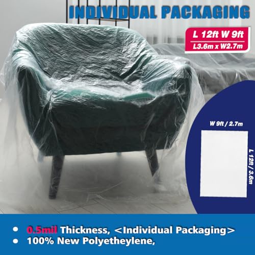 12 x 9 Ft Plastic Drop Cloths (4 - Pack) - Painter Plastic Drop Cloths Sheet - Waterproof Anti-dust Cover - Painter's Sheeting & Tarps for Painting - Waterproof Furniture/Couch/Floor Protection