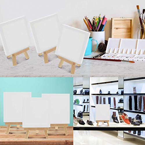 U.S. Art Supply 5" x 5" Stretched Canvas with 8" High Small Natural Wooden Easel (12 Pack), A-Frame Canvas Stand Tripod, Small Painting Easels - Tabletop Easel for Painting, Canvases, Student Crafts - size: 8" Easel & 5x5 Canvas - 12-pack