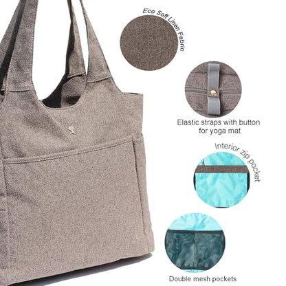 ESVAN Yoga Tote Bag Mat bag Women Shoulder Bags Carryall Tote for Travel Office Workout Gym Nurse Beach - color: Linen Gray