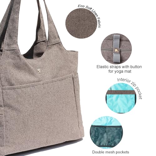 ESVAN Yoga Tote Bag Mat bag Women Shoulder Bags Carryall Tote for Travel Office Workout Gym Nurse Beach - color: Linen Gray