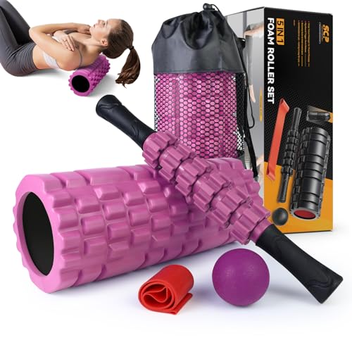 SUBCULTUREPICK 5 in 1 Foam Roller Set for Deep Tissue Muscle Massage | High Density Fitness Exercise Foam Roller, Muscle Roller, Massage Ball, Resistance Band, for Whole Body Physical Therapy Pink - color: Pink-black