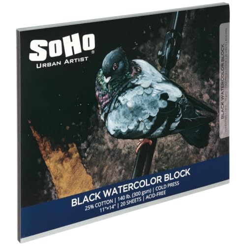 SoHo Urban Artist Black Watercolor Paper Pad, 11x14 12 Sht, Cold Press | Watercolor Spiral Pad, 25% Cotton Acid-Free Paper for Mixed Media, Gouache, Acrylic Paint, Ink & Metallic Watercolor Paint
