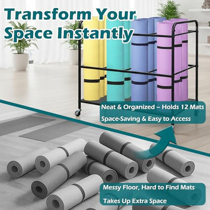Yoga Mat Rack Storage Basket with Wheels,All-in-One Organizer for Yoga Mat Holder,Home Gym Equipment Storage Cart for Dumbbells, Kettlebells and Foam Rollers