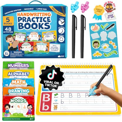 Magic Grooved Writing Practice Books & Kindergarten Workbooks Ages 3-7 | Reusable Handwriting Copybook Set with Disappearing Magic Ink Pens for Preschool Learning