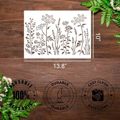Large Flower Stencil 14inch Flower Stencils for Painting | Floral Stencil Reusable Sunflower Fern Vine Drawing Templates for Wood Garden Fence Furniture Fabrics DIY Decor - style: Flower 01