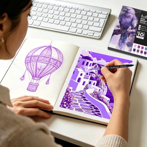 LIULIUCAI 10 Purple Dual Marker, Fine & Brush Tip Pen for Adult Coloring | Violet Marker Pen, Royal Purple Markers for Galaxies, Lavender, Fantasy Art, Outlining Illustration, Mystical Designs - color: 10 Purple
