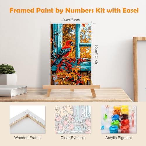 MOGTAA Fall Paint by Numbers Kit for Adults Beginners with Frame, Birds Adult Paint by Number Kits on Canvas with Easel, Easy DIY Animal Oil Painting Kits for Home Decor, 8x12in - color: Birds